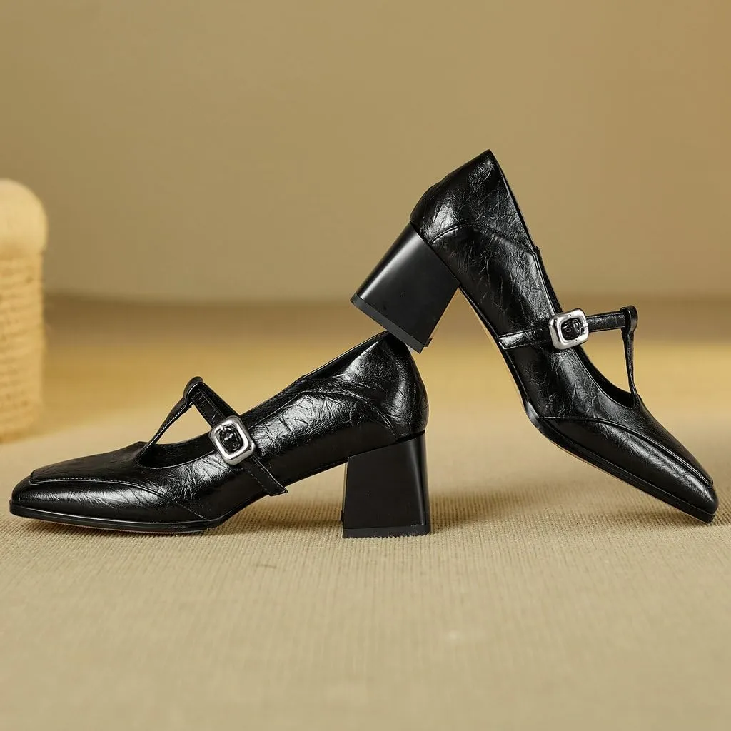 DINTAHA T Strap Heels Chunky Heeled Loafers Square Toe Mary Janes Block Heel Dress Shoes