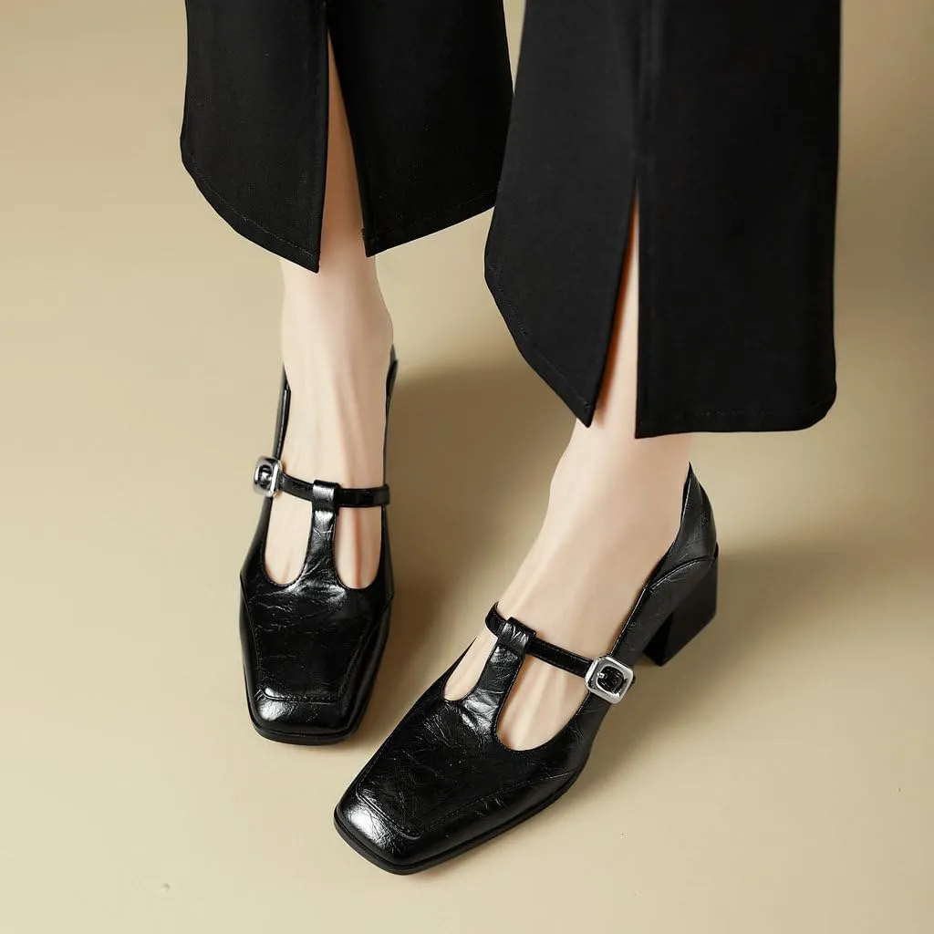DINTAHA T Strap Heels Chunky Heeled Loafers Square Toe Mary Janes Block Heel Dress Shoes