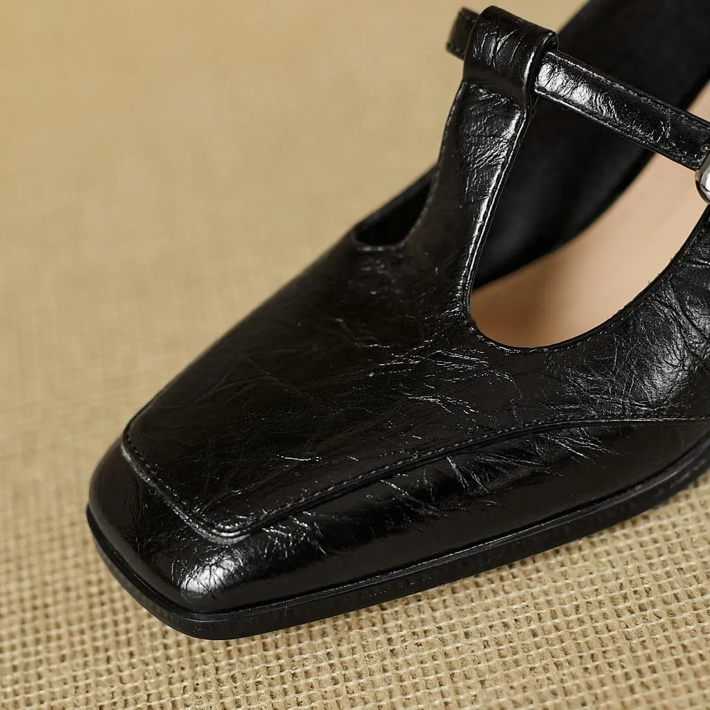 DINTAHA T Strap Heels Chunky Heeled Loafers Square Toe Mary Janes Block Heel Dress Shoes