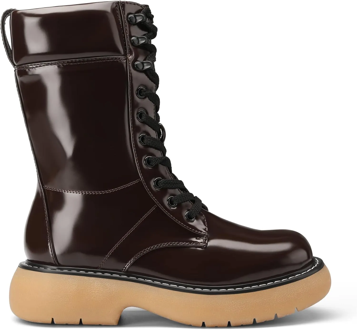 DREAM PAIRS Women's Platform Combat Boots, Chunky Lug Sole Lace Up Leather Boots, Mid Calf Boots