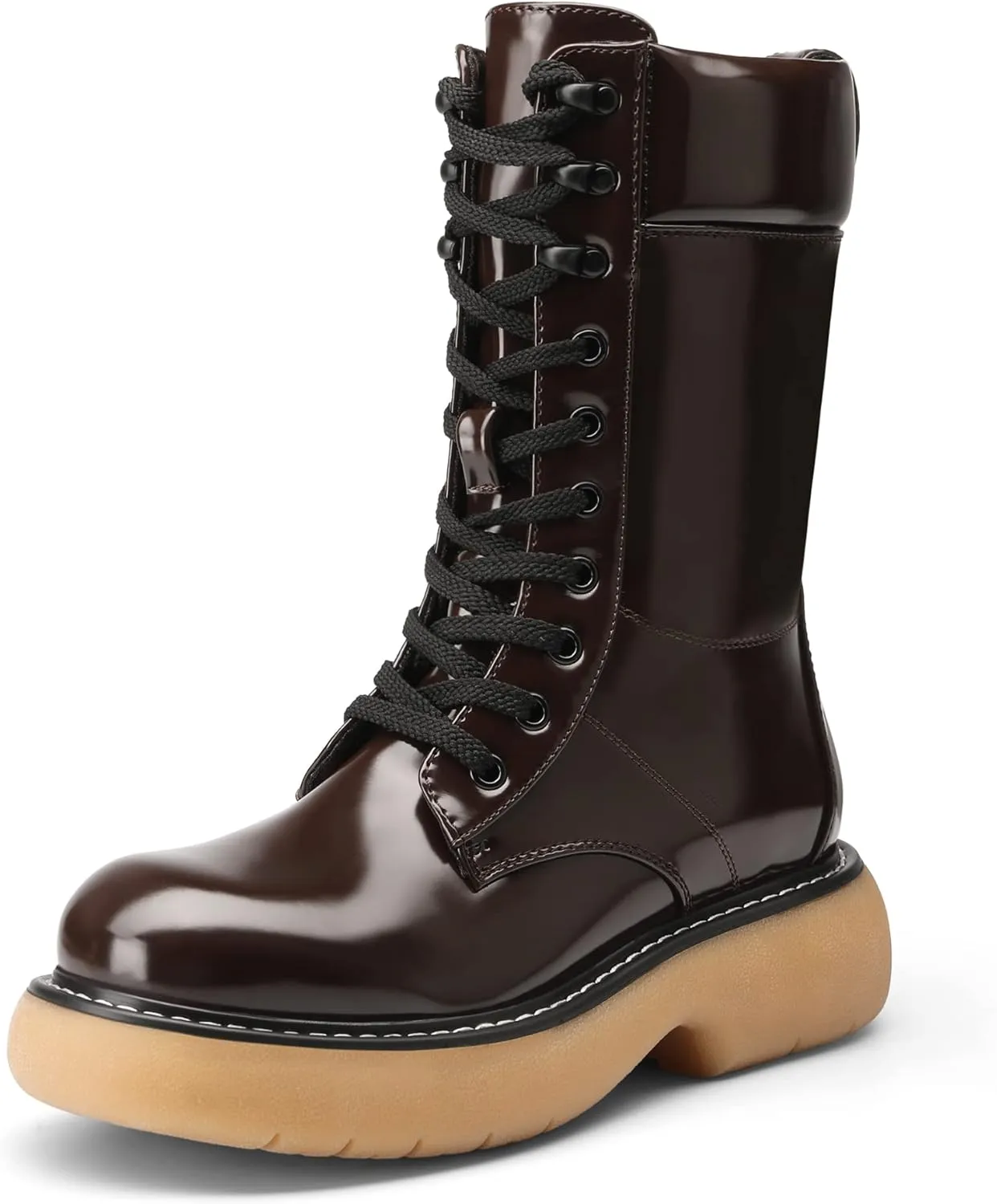 DREAM PAIRS Women's Platform Combat Boots, Chunky Lug Sole Lace Up Leather Boots, Mid Calf Boots