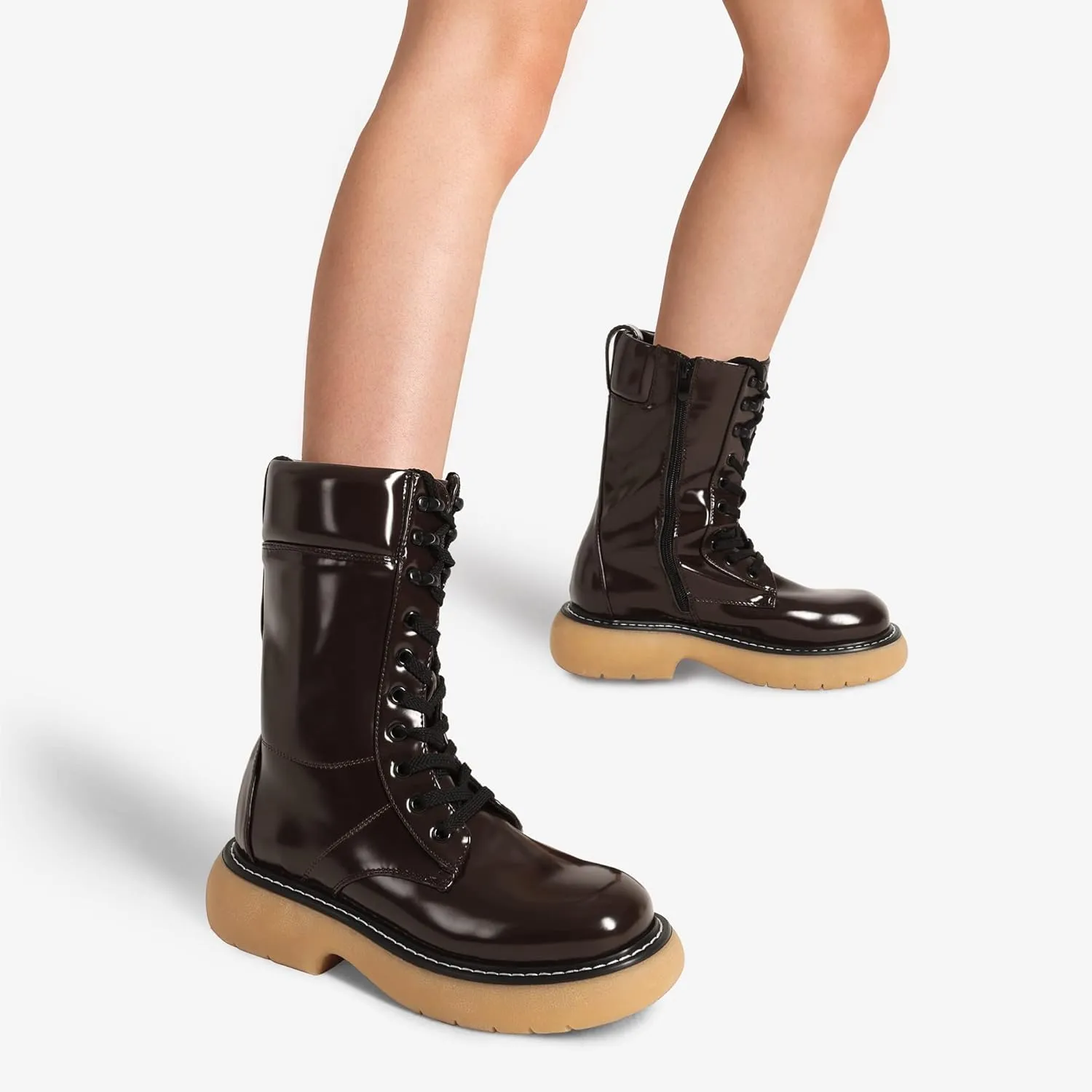 DREAM PAIRS Women's Platform Combat Boots, Chunky Lug Sole Lace Up Leather Boots, Mid Calf Boots