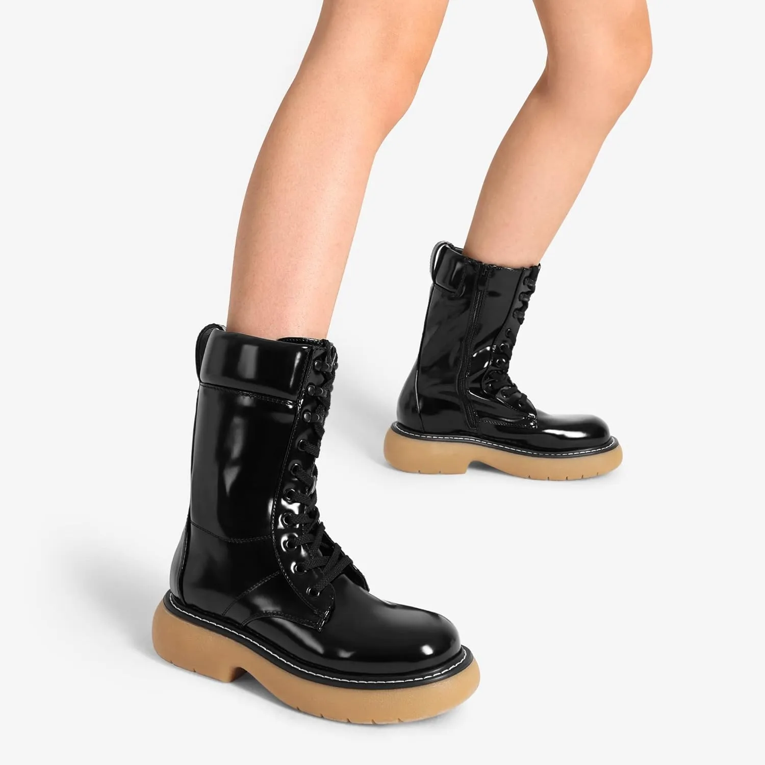 DREAM PAIRS Women's Platform Combat Boots, Chunky Lug Sole Lace Up Leather Boots, Mid Calf Boots