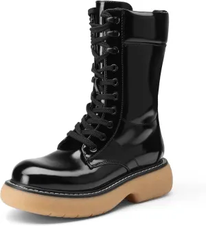 DREAM PAIRS Women's Platform Combat Boots, Chunky Lug Sole Lace Up Leather Boots, Mid Calf Boots