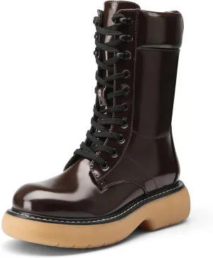 DREAM PAIRS Women's Platform Combat Boots, Chunky Lug Sole Lace Up Leather Boots, Mid Calf Boots