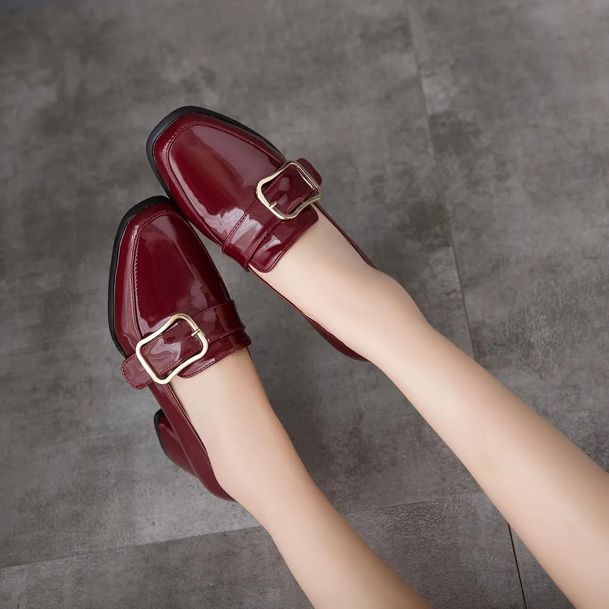 Elbslutt Heeled Loafers for Women Patent Leather Chunky Loafers Square Toe High Block Heels Chunky Pumps for Women Slip On Penny Loafer Shoes Casual Shoes
