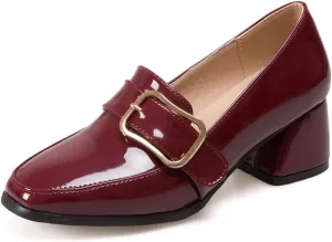 Elbslutt Heeled Loafers for Women Patent Leather Chunky Loafers Square Toe High Block Heels Chunky Pumps for Women Slip On Penny Loafer Shoes Casual Shoes