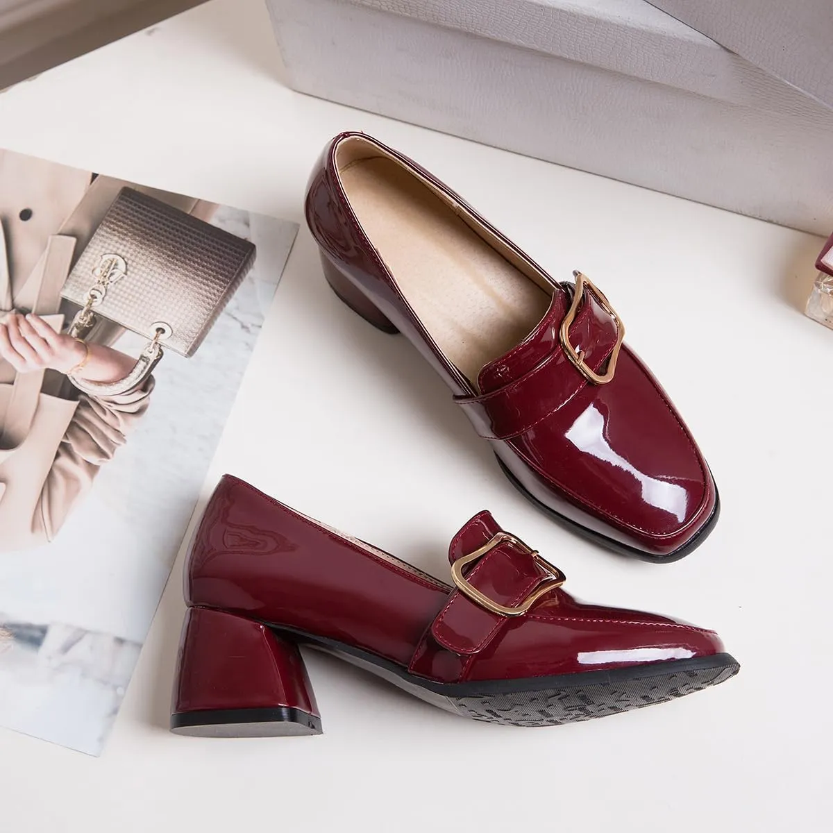 Elbslutt Heeled Loafers for Women Patent Leather Chunky Loafers Square Toe High Block Heels Chunky Pumps for Women Slip On Penny Loafer Shoes Casual Shoes