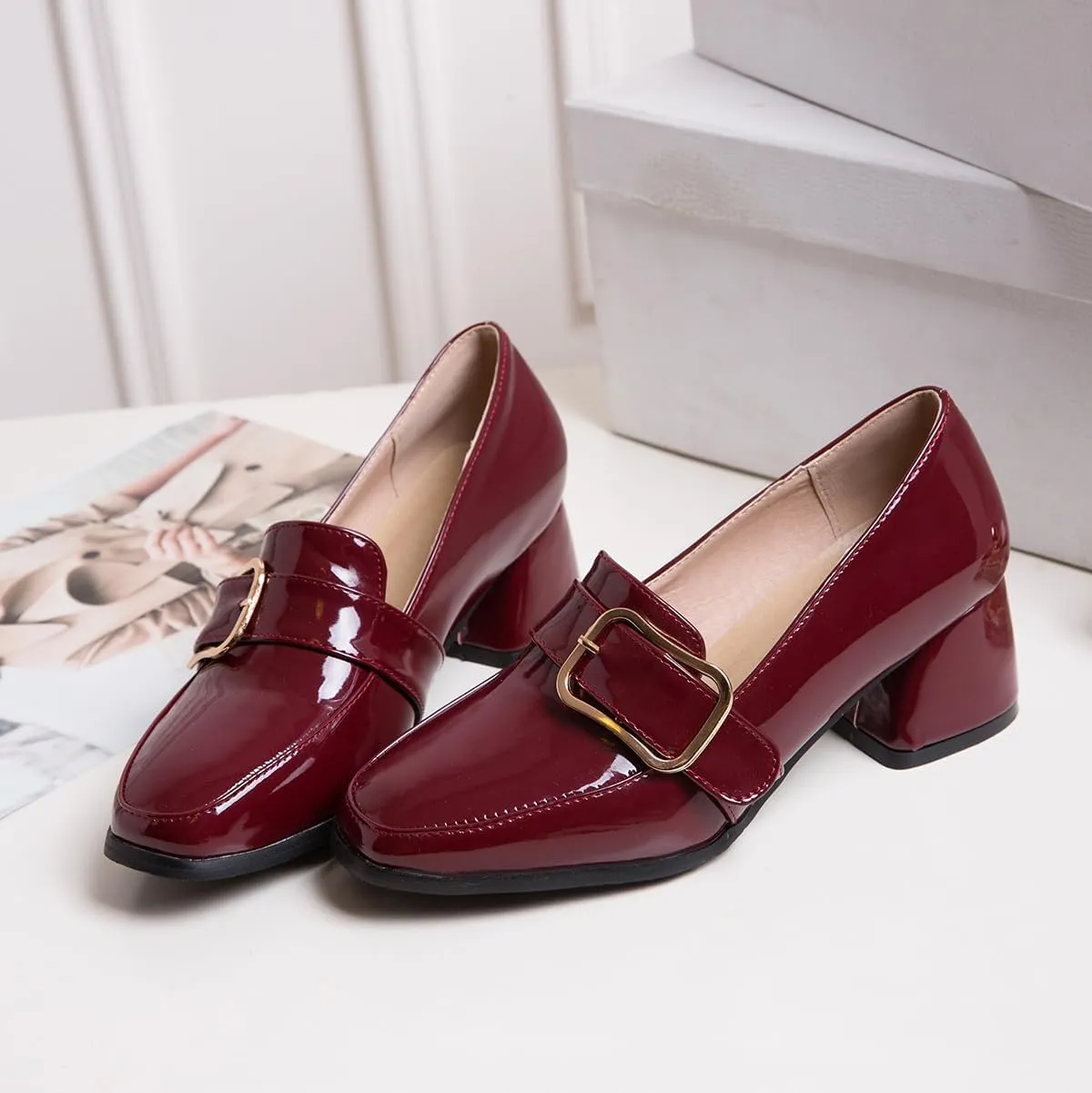 Elbslutt Heeled Loafers for Women Patent Leather Chunky Loafers Square Toe High Block Heels Chunky Pumps for Women Slip On Penny Loafer Shoes Casual Shoes