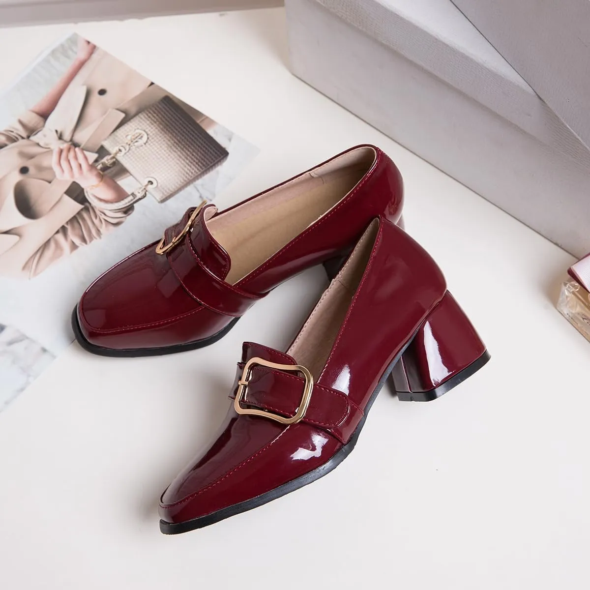 Elbslutt Heeled Loafers for Women Patent Leather Chunky Loafers Square Toe High Block Heels Chunky Pumps for Women Slip On Penny Loafer Shoes Casual Shoes