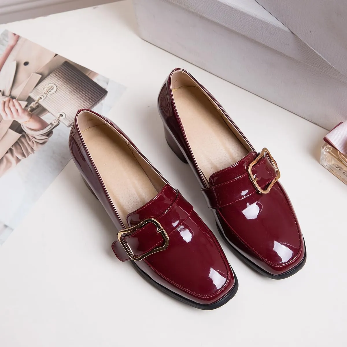 Elbslutt Heeled Loafers for Women Patent Leather Chunky Loafers Square Toe High Block Heels Chunky Pumps for Women Slip On Penny Loafer Shoes Casual Shoes