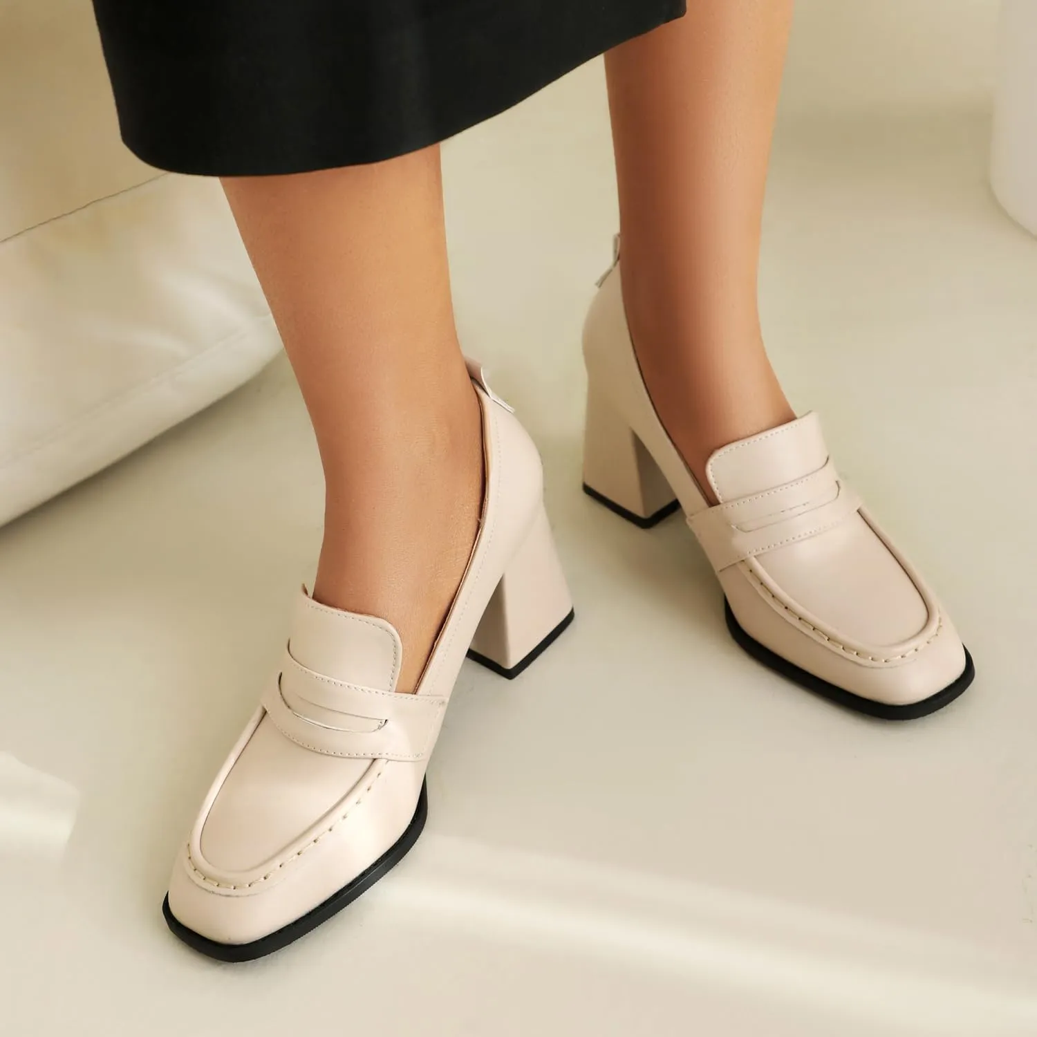 Elbslutt Women Chunky High Heels Square Toe Oxford Loafer Womens Platform Heels Loafers Penny Loafer Business Slip On Dress Dress Work Pumps