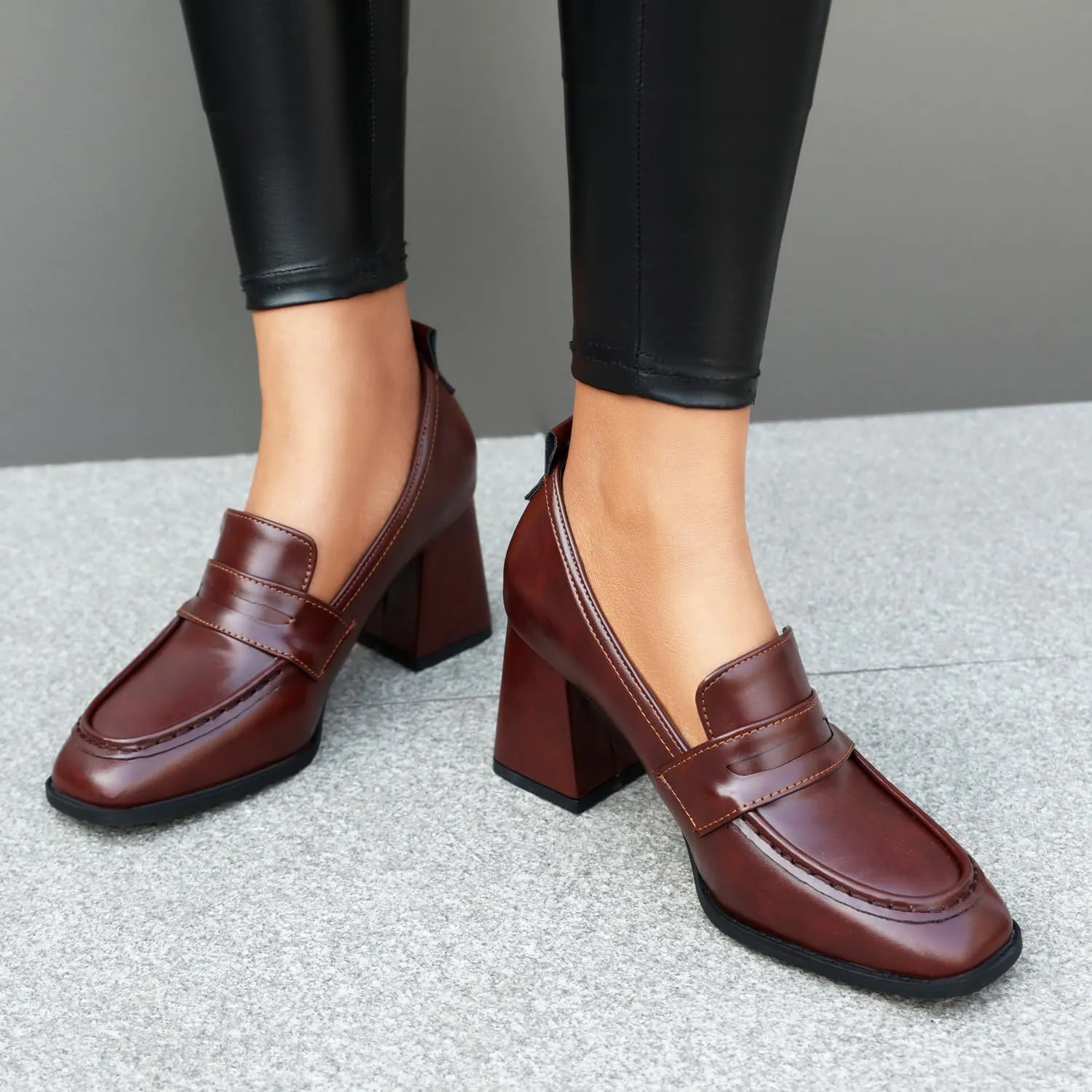 Elbslutt Women Chunky High Heels Square Toe Oxford Loafer Womens Platform Heels Loafers Penny Loafer Business Slip On Dress Dress Work Pumps