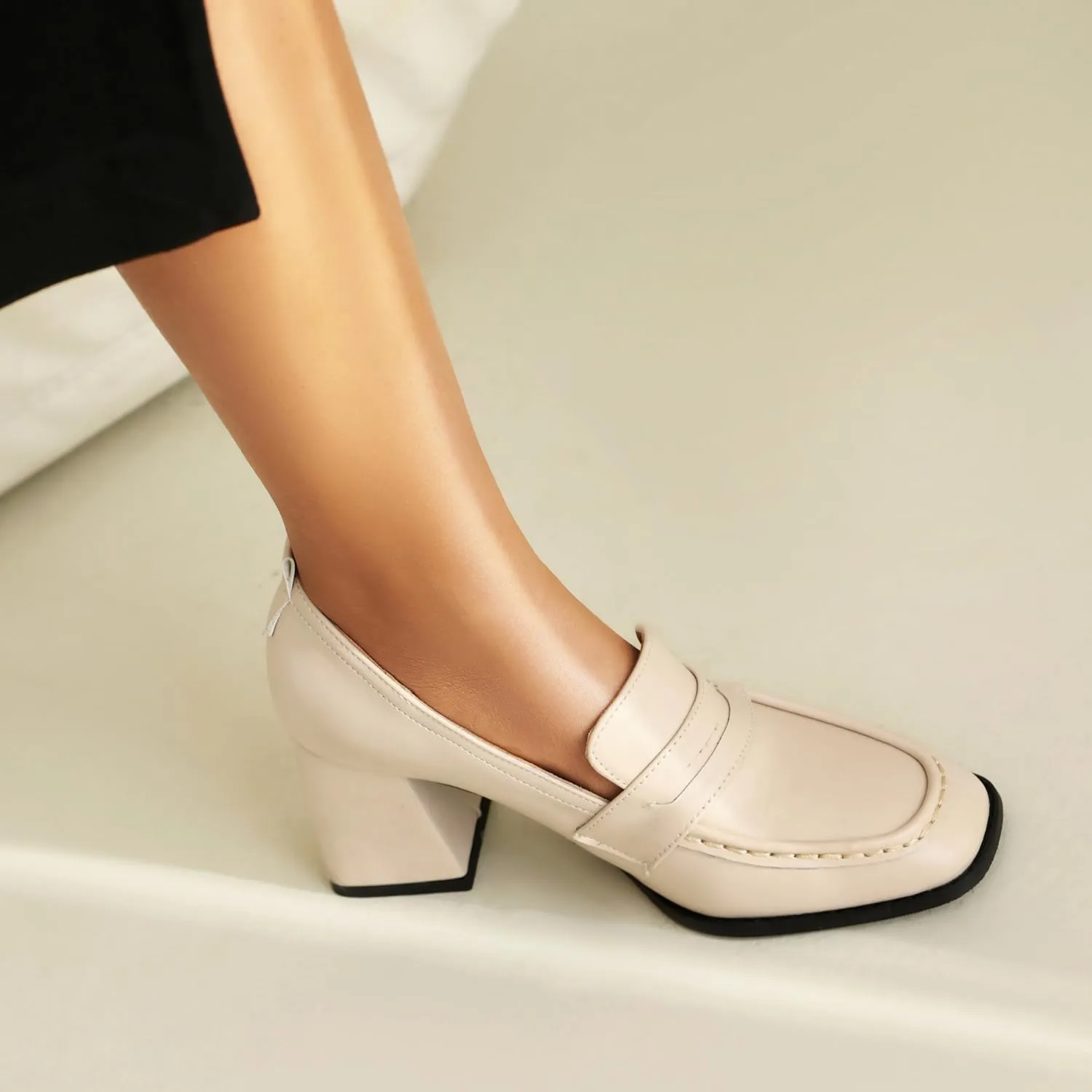 Elbslutt Women Chunky High Heels Square Toe Oxford Loafer Womens Platform Heels Loafers Penny Loafer Business Slip On Dress Dress Work Pumps
