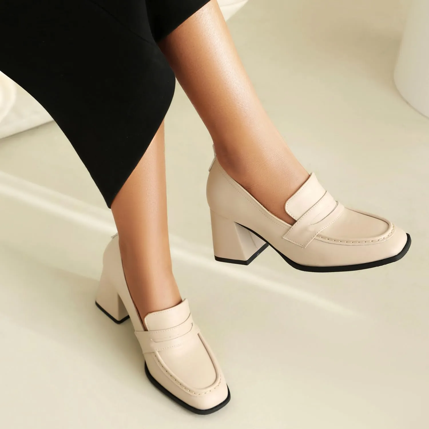 Elbslutt Women Chunky High Heels Square Toe Oxford Loafer Womens Platform Heels Loafers Penny Loafer Business Slip On Dress Dress Work Pumps