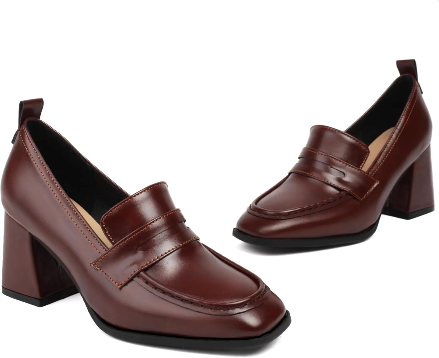 Elbslutt Women Chunky High Heels Square Toe Oxford Loafer Womens Platform Heels Loafers Penny Loafer Business Slip On Dress Dress Work Pumps