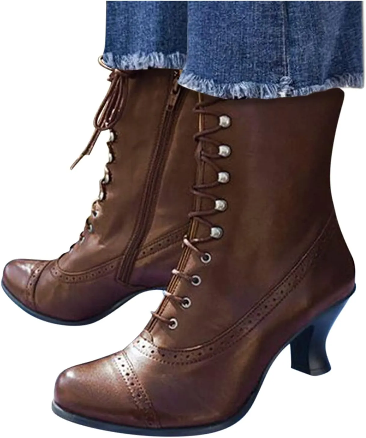 Fall Boots for Women 2023 Cowboy Boots Vintage Knee High Boots Lace Up Boots Chunky Heels Retro Gothic Mid Calf Boots