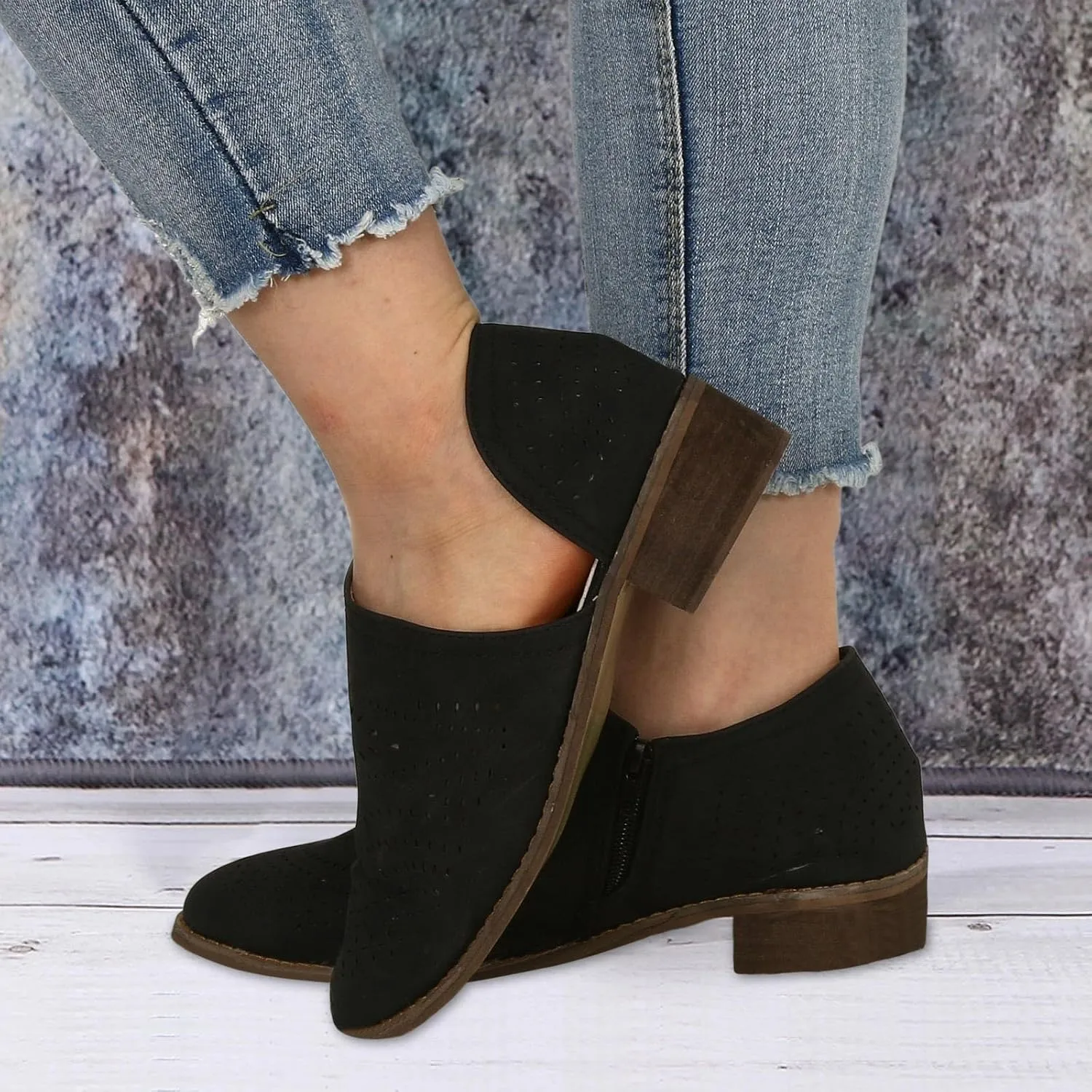 Fall Boots Womens Suede Ankle Boots Low Chunky Stacked Heel Comfy Almond Toe Casual Side V-Cut Slip On Short Boots