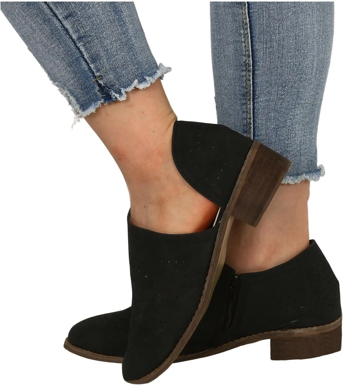 Fall Boots Womens Suede Ankle Boots Low Chunky Stacked Heel Comfy Almond Toe Casual Side V-Cut Slip On Short Boots