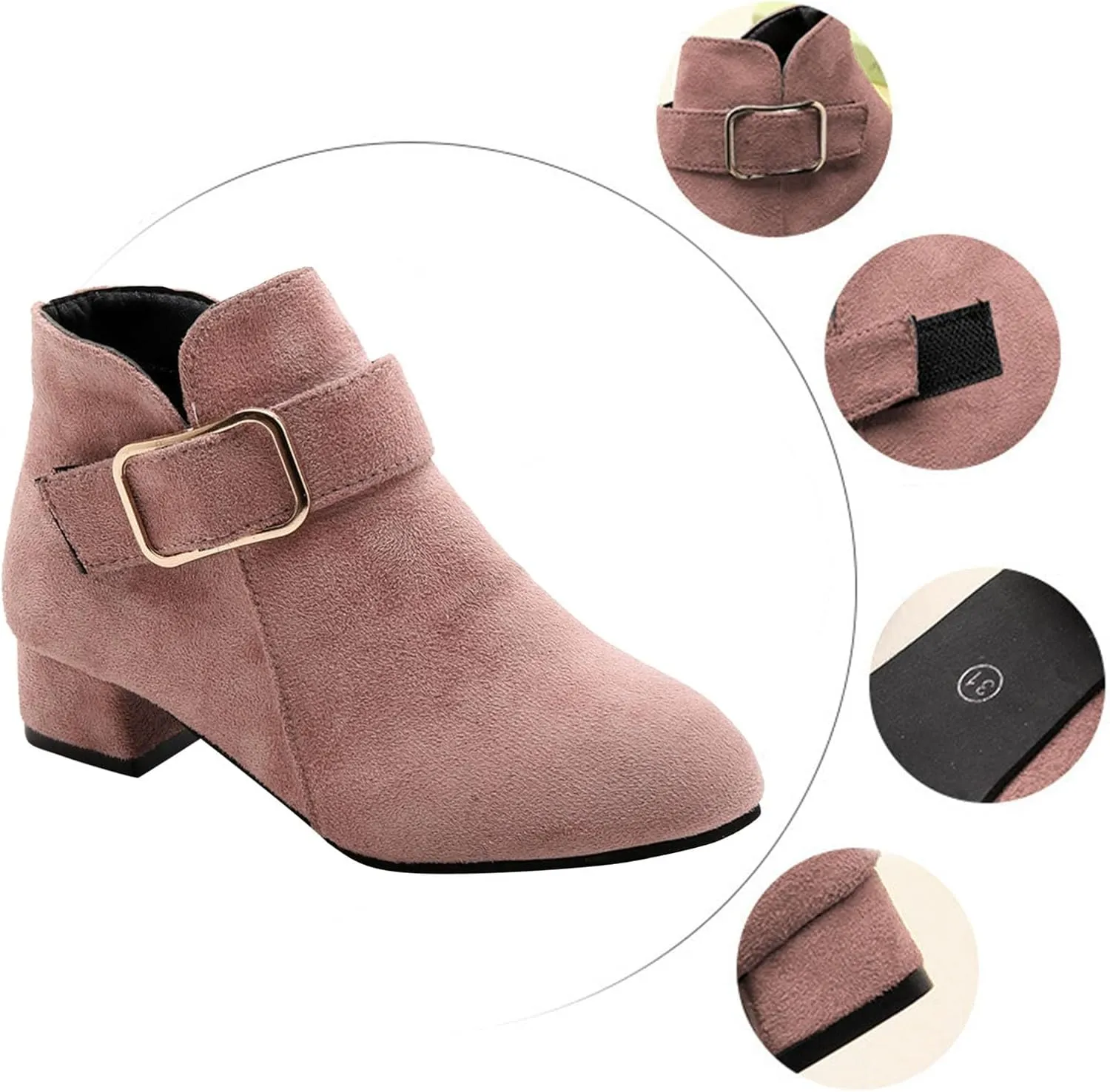 Girls Ankle Boots Kids Buckle Strap Dress Shoes Chunky Low Heel Winter Boots with Velvet Comfy Suede Chelsea Boots