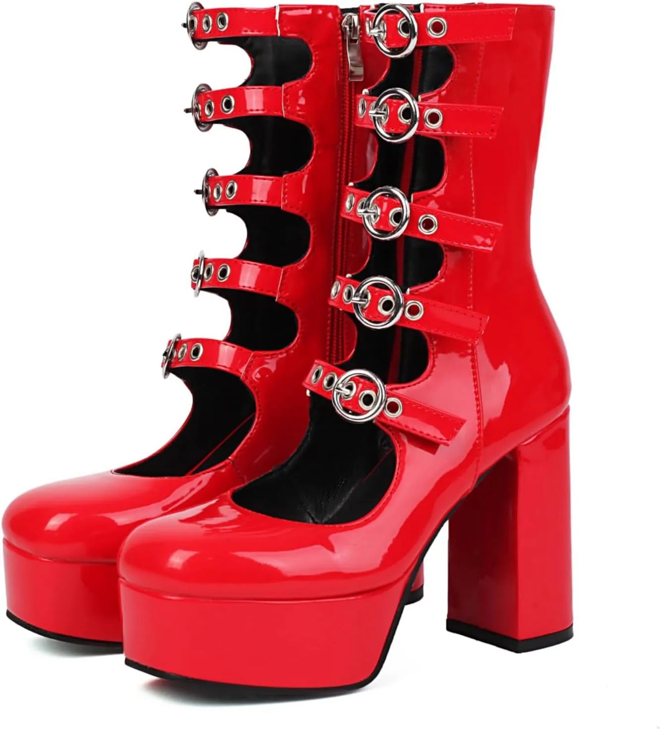 Goth Platform Boots for women Hollow Demonia Buckle Mid Calf Boots Chunky Block High Heels Shoes
