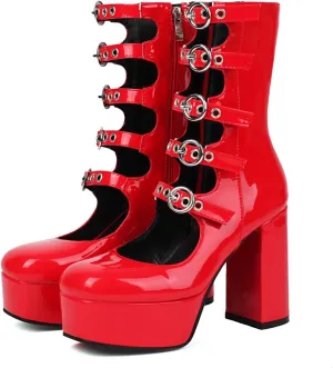 Goth Platform Boots for women Hollow Demonia Buckle Mid Calf Boots Chunky Block High Heels Shoes