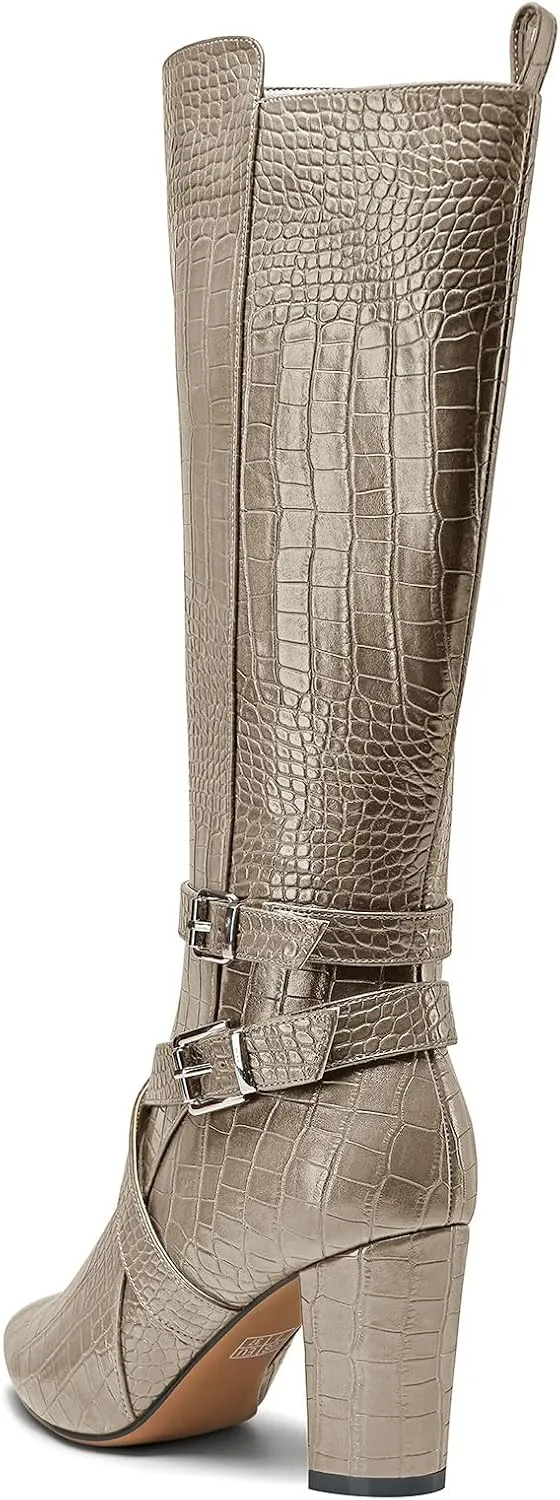 HEUIVZAR Womens Chunky Block Heel Pointed Toe Knee High Boots Dress Casual Zipper Buckle Mid Calf Boots 3.2 Inches Heels