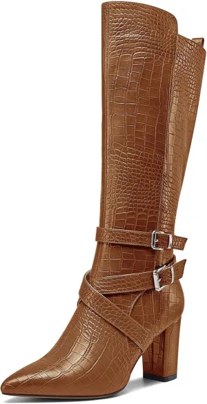 HEUIVZAR Womens Chunky Block Heel Pointed Toe Knee High Boots Dress Casual Zipper Buckle Mid Calf Boots 3.2 Inches Heels