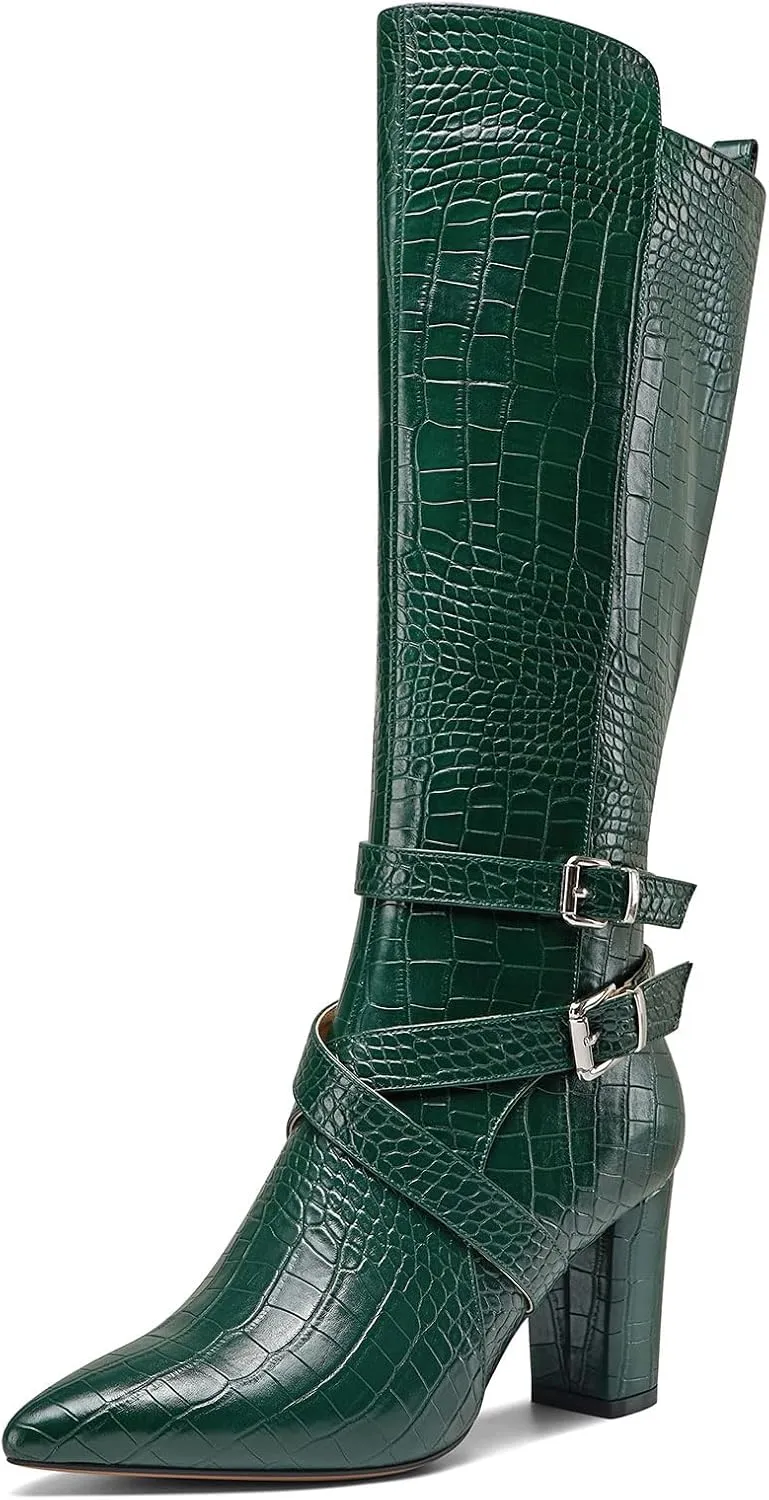 HEUIVZAR Womens Chunky Block Heel Pointed Toe Knee High Boots Dress Casual Zipper Buckle Mid Calf Boots 3.2 Inches Heels