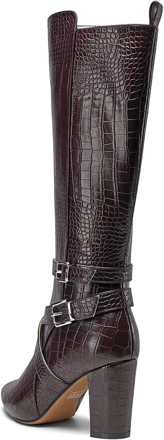 HEUIVZAR Womens Chunky Block Heel Pointed Toe Knee High Boots Dress Casual Zipper Buckle Mid Calf Boots 3.2 Inches Heels