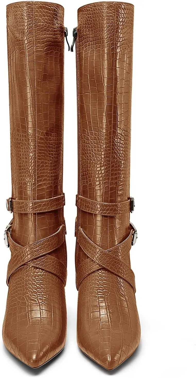 HEUIVZAR Womens Chunky Block Heel Pointed Toe Knee High Boots Dress Casual Zipper Buckle Mid Calf Boots 3.2 Inches Heels