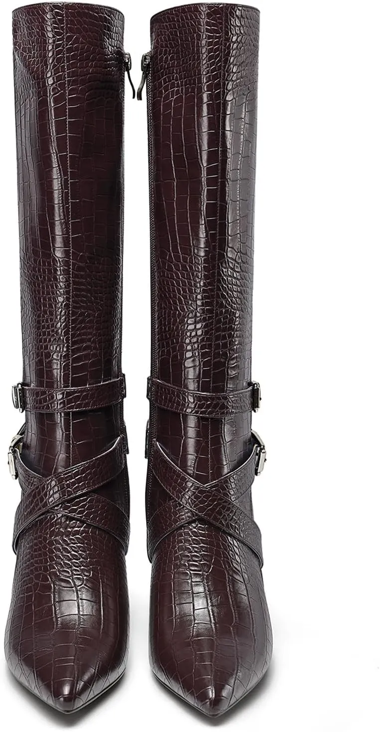 HEUIVZAR Womens Chunky Block Heel Pointed Toe Knee High Boots Dress Casual Zipper Buckle Mid Calf Boots 3.2 Inches Heels