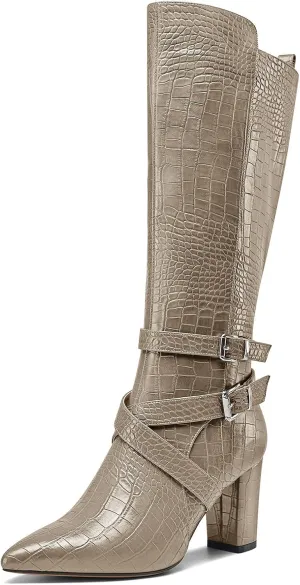 HEUIVZAR Womens Chunky Block Heel Pointed Toe Knee High Boots Dress Casual Zipper Buckle Mid Calf Boots 3.2 Inches Heels