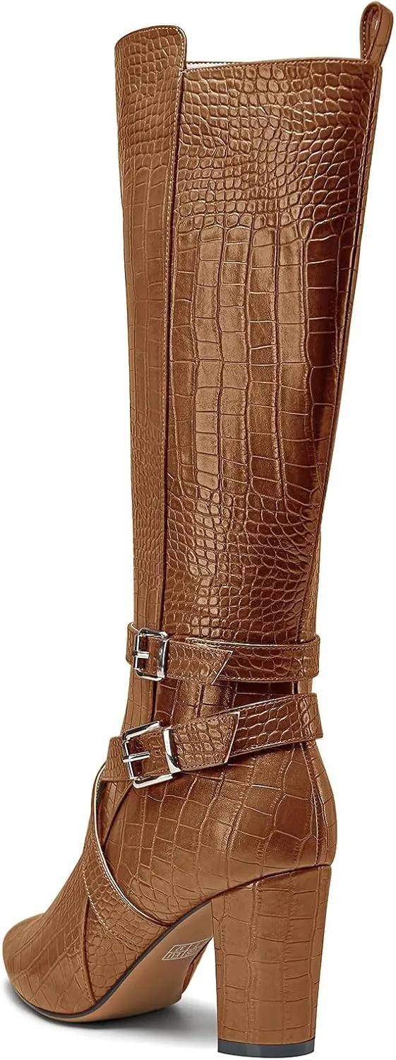 HEUIVZAR Womens Chunky Block Heel Pointed Toe Knee High Boots Dress Casual Zipper Buckle Mid Calf Boots 3.2 Inches Heels