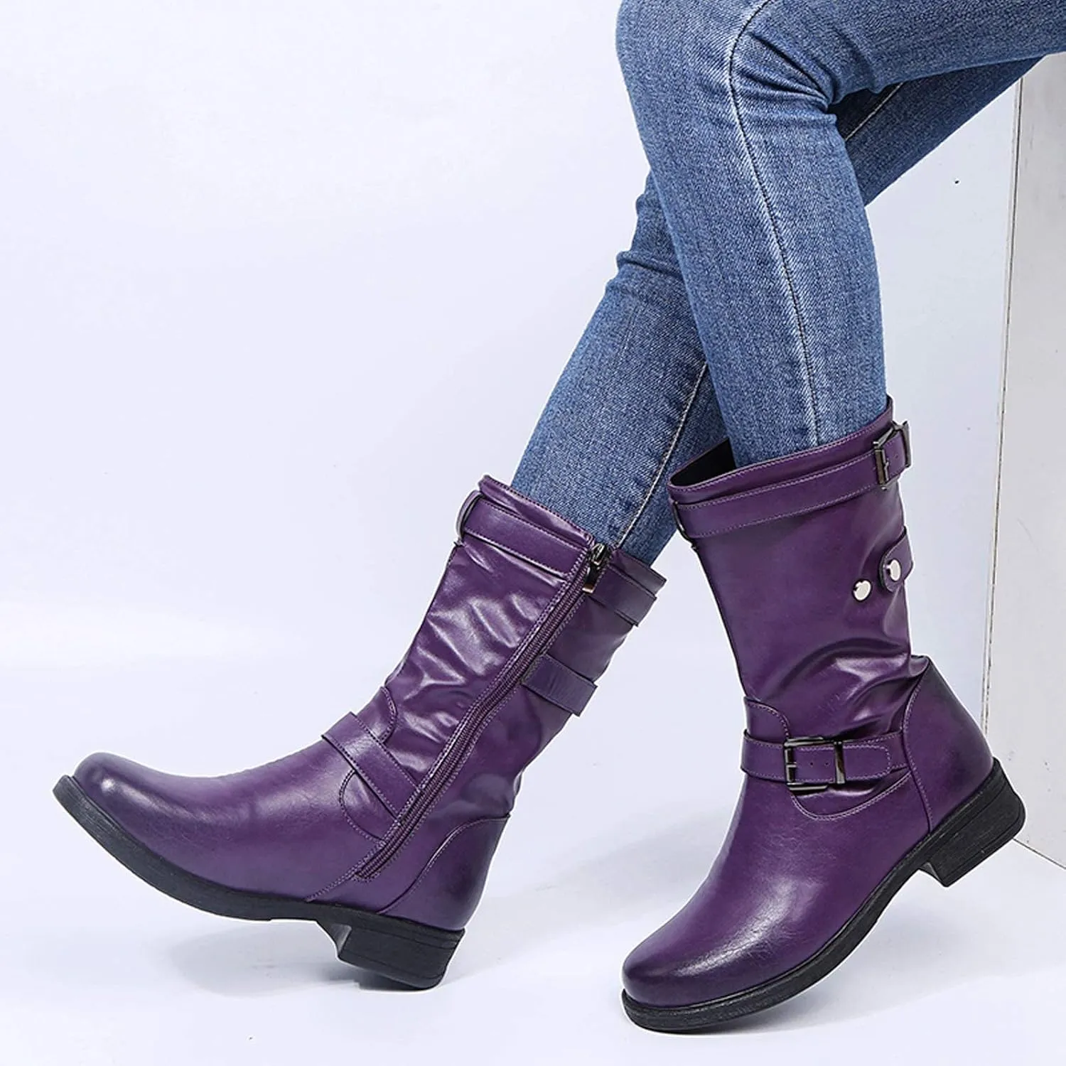 HINDOLA Womens Mid Calf Boots Fashion Round Toe Flat Low Block Heel Buckle Strap Faux Leather Zipper Riding Booties