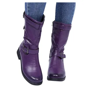 HINDOLA Womens Mid Calf Boots Fashion Round Toe Flat Low Block Heel Buckle Strap Faux Leather Zipper Riding Booties