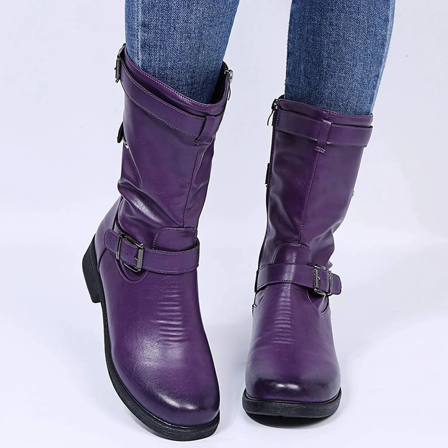 HINDOLA Womens Mid Calf Boots Fashion Round Toe Flat Low Block Heel Buckle Strap Faux Leather Zipper Riding Booties