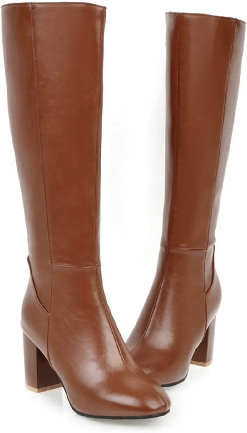 hlysgo Women's Vintage Fashion Long Boots Waterproof Full Zipper High Heeled Knee High Leather Boots