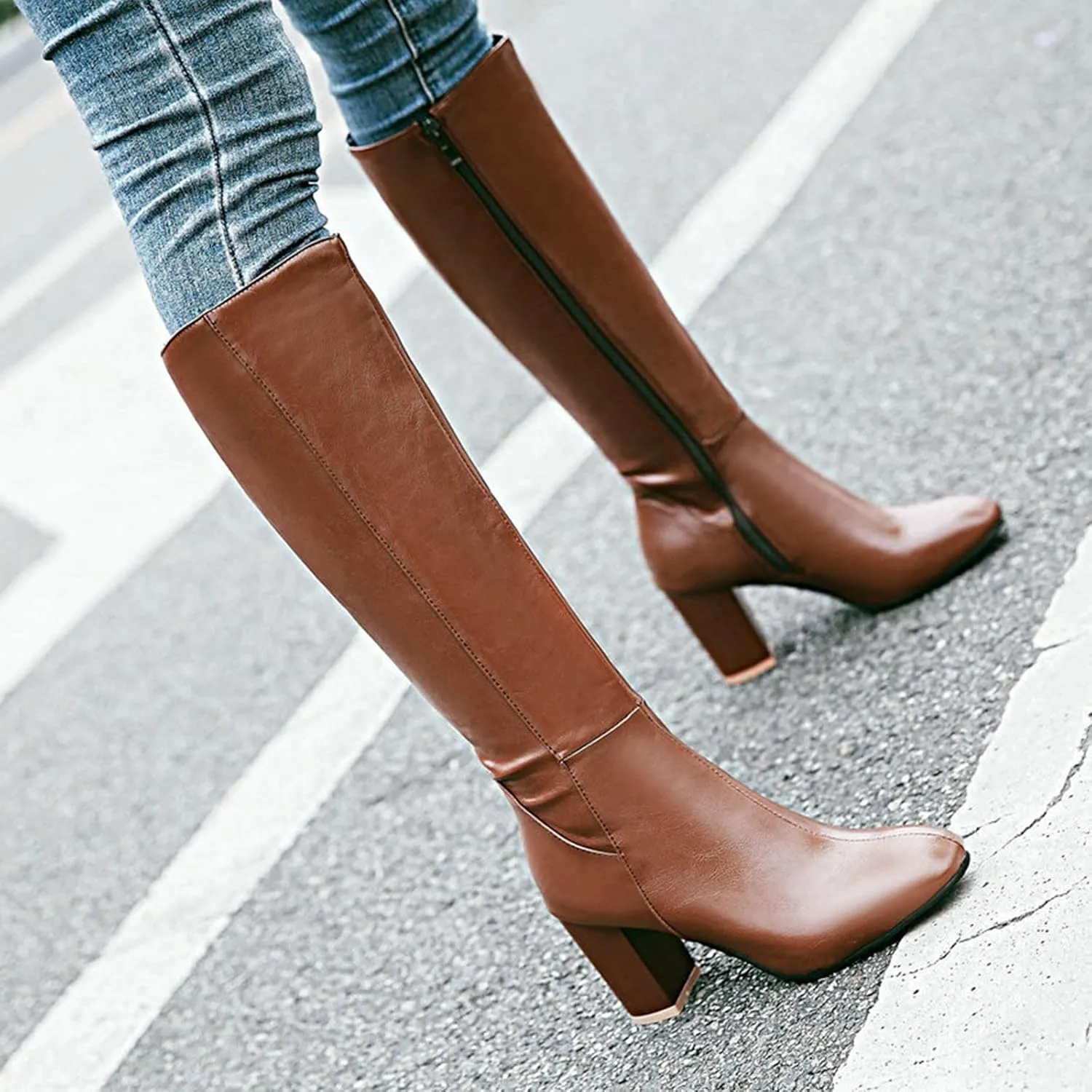 hlysgo Women's Vintage Fashion Long Boots Waterproof Full Zipper High Heeled Knee High Leather Boots