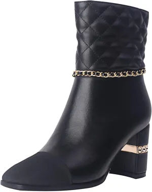 JANSEVEN Chunky Booties for Women Block Ankle Boots Black Chained Short Boots Square Toe Heeled Booty Bridal Wedding Shoes Size 8.5