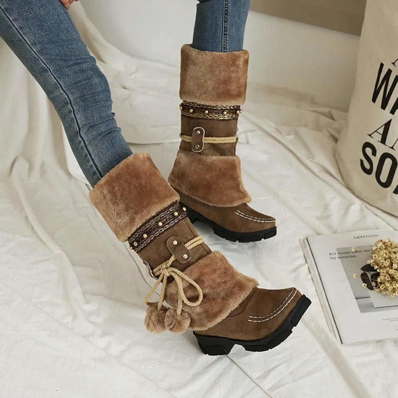 JOEupin Women Cute Warm Boots Chunky Mid Heel Round Toe Winter Snow Ankle Booties
