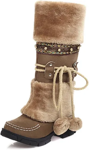 JOEupin Women Cute Warm Boots Chunky Mid Heel Round Toe Winter Snow Ankle Booties