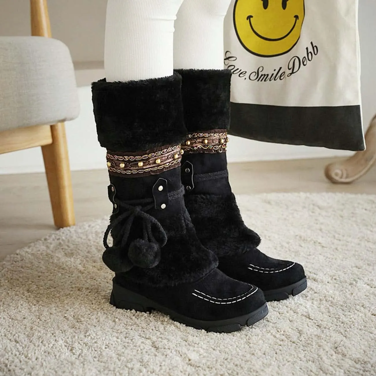JOEupin Women Cute Warm Boots Chunky Mid Heel Round Toe Winter Snow Ankle Booties
