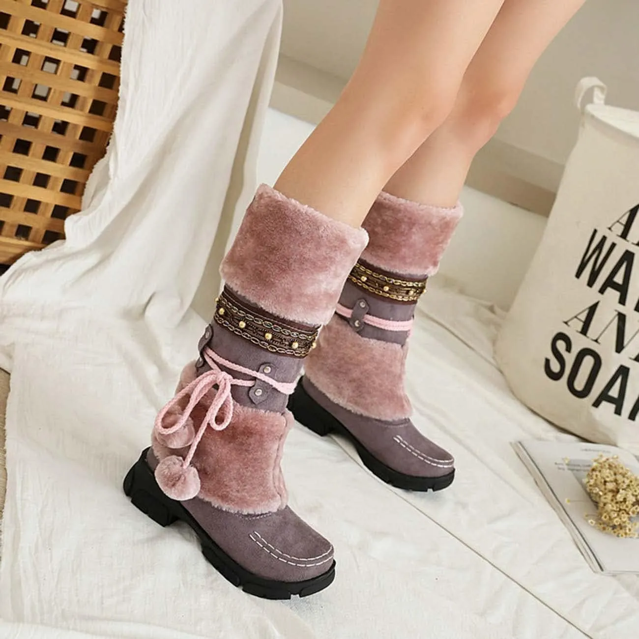 JOEupin Women Cute Warm Boots Chunky Mid Heel Round Toe Winter Snow Ankle Booties