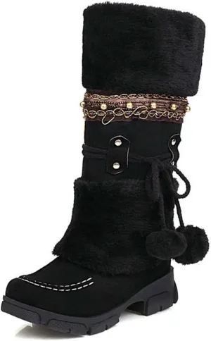 JOEupin Women Cute Warm Boots Chunky Mid Heel Round Toe Winter Snow Ankle Booties