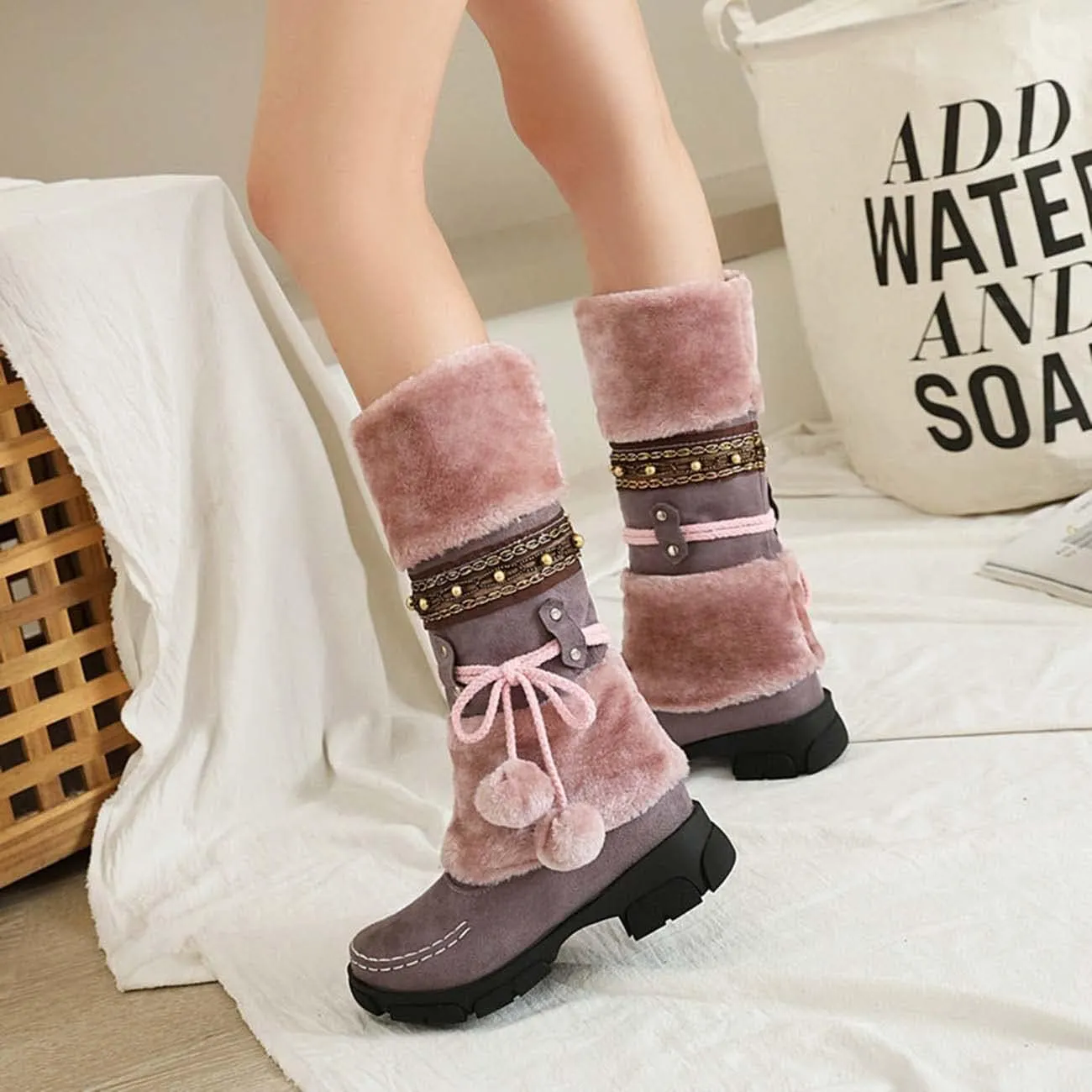 JOEupin Women Cute Warm Boots Chunky Mid Heel Round Toe Winter Snow Ankle Booties