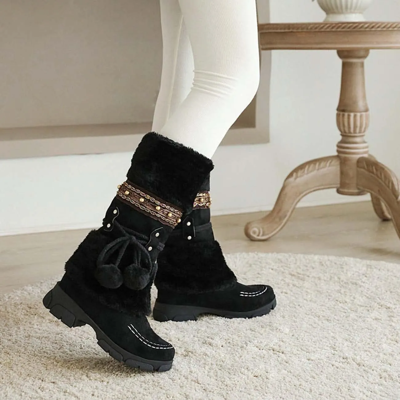 JOEupin Women Cute Warm Boots Chunky Mid Heel Round Toe Winter Snow Ankle Booties
