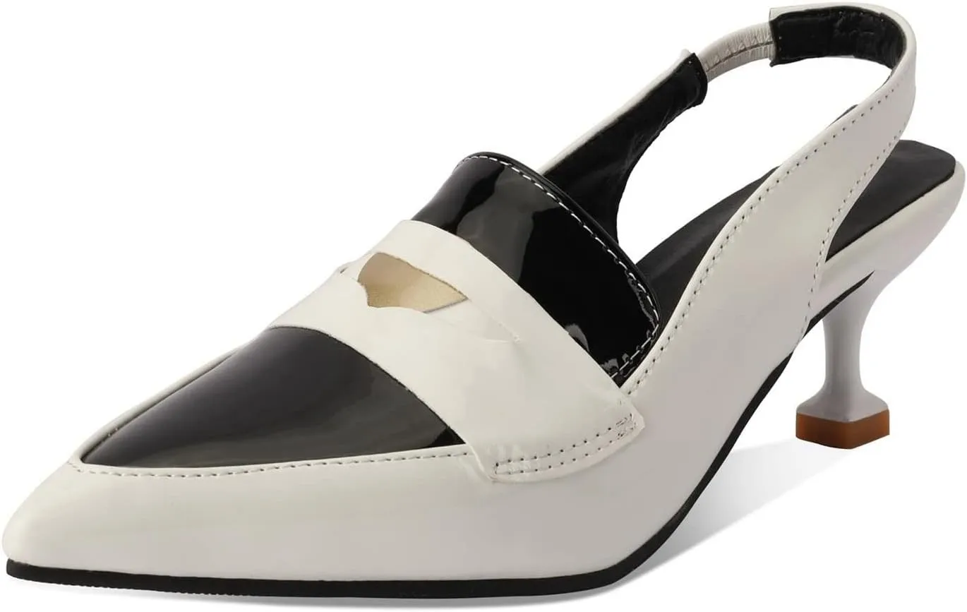 keleimusi Pointy Toe Kitten Penny Loafers Contrast Color-Block Leather Slingback Shoes