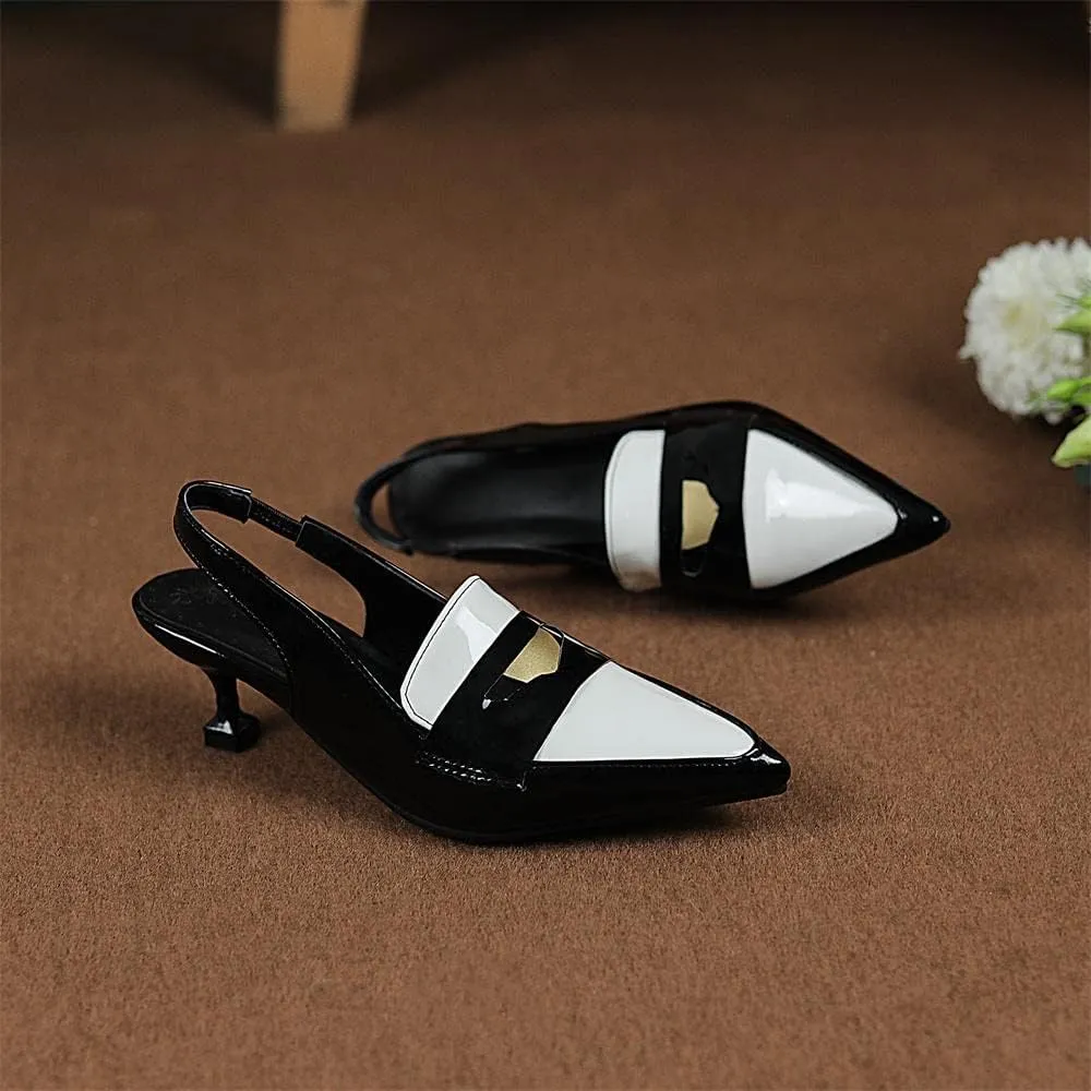 keleimusi Pointy Toe Kitten Penny Loafers Contrast Color-Block Leather Slingback Shoes