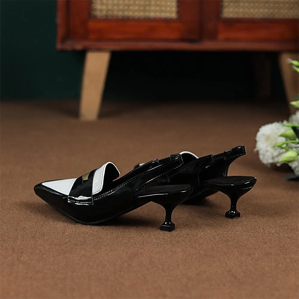 keleimusi Pointy Toe Kitten Penny Loafers Contrast Color-Block Leather Slingback Shoes